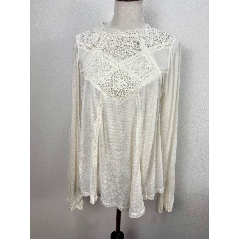 American Rag Poet Blouse White Lace Size XL Keyhole Back‎ Stretch Tunic Boho